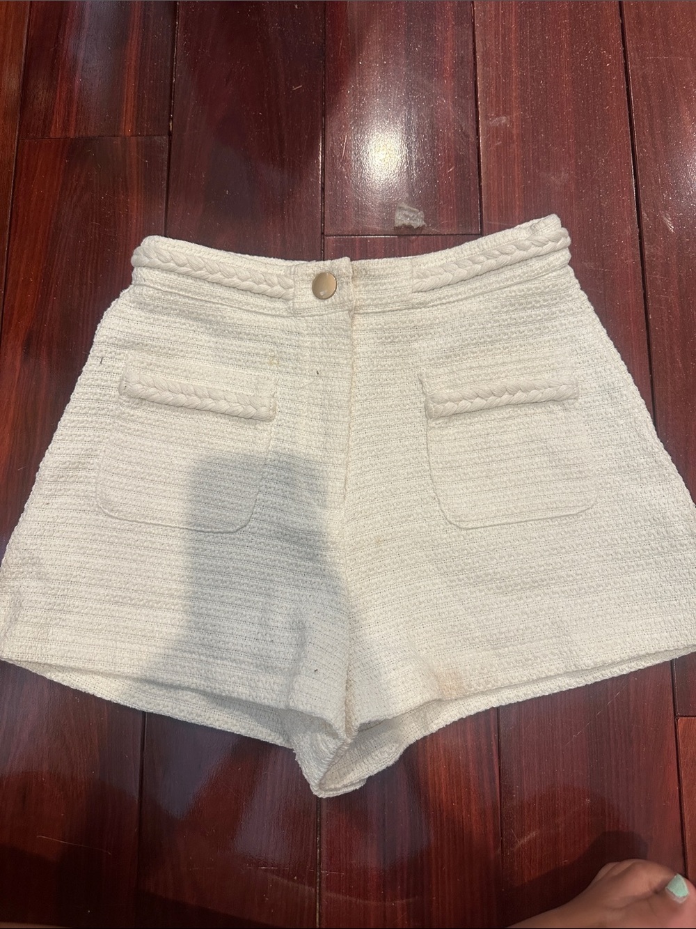 High-Waist Cream Textured Shorts with Braided Trim